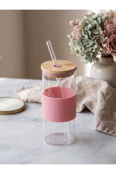 Tohana Bambu Kapaklı Cam Pipetli Kupa 400 ML 1 Adet