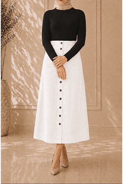 VELLICHOR Full Buttoned Gabardine Skirt White