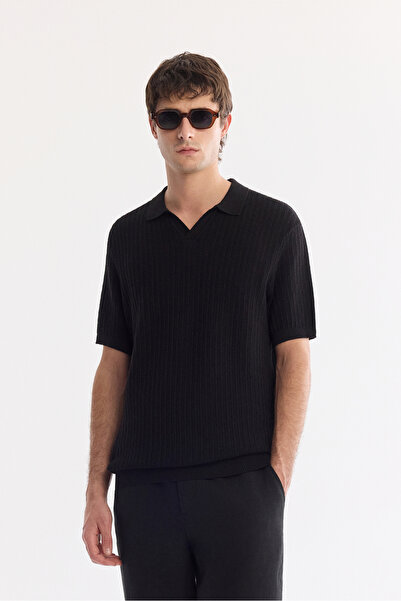 Avva Men's Black Polo Collar Buttonless Soft Touch Regular Fit Knitwear T-Shi...