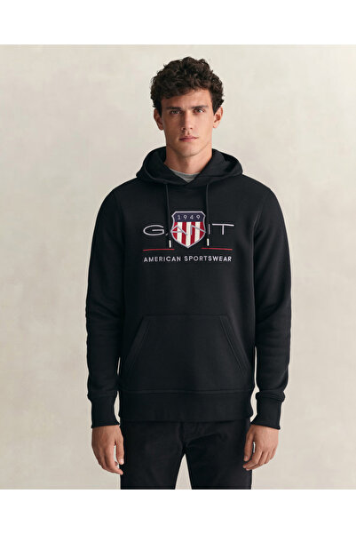 Gant Erkek Siyah Regular Fit Kapüşonlu Logolu Sweatshirt