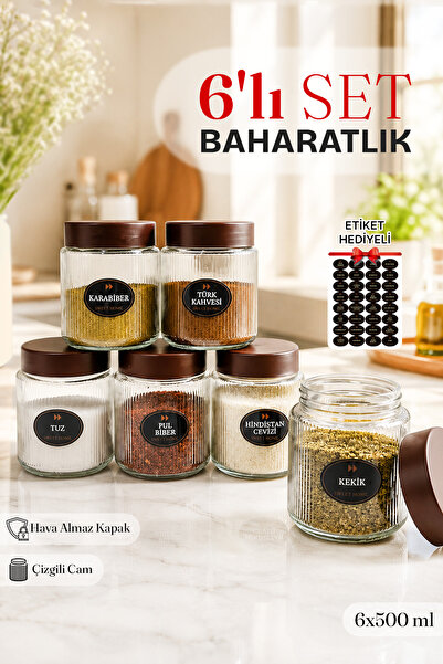naturelove 6-Piece Labeled Striped Glass Jar Spice Rack Set – Spice Storage C...