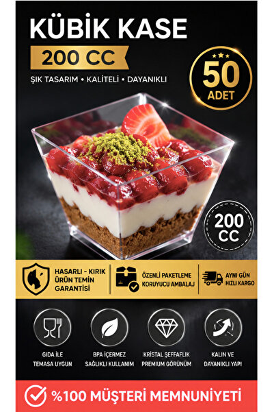 Owersea 200cc 50Adet Kübik Prizma Mika Plastik Kase Şeffaf Kapaksız Sunum Kab...