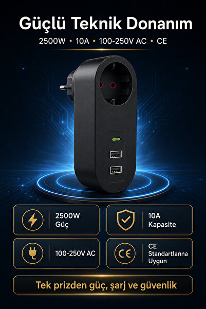 The Wlue Kablosuz Duvar Prizi | 2xUSB | 1xType-C | 2500W | Isıya Dayanıklı | Akım Korumalı