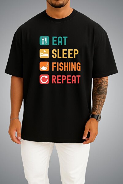 Bahriyeli Collection Oversize Eat Sleep Fishing Repeat Chest Printed Unisex T...