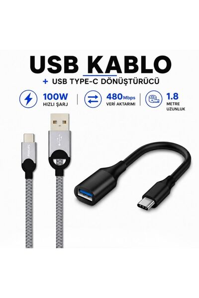 Philips 5A 100W UsbA to Type-C Örgülü 1.2M Hızlı Şarj Data Kablosu+ ScHitec T...