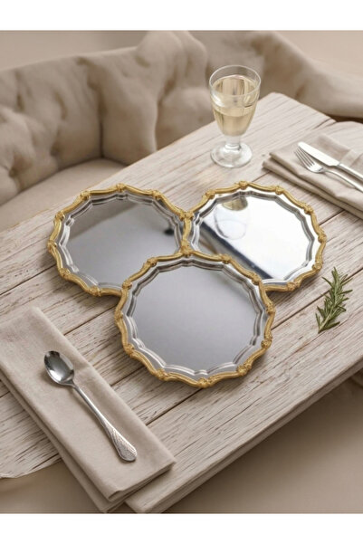 SEVA ÇELİK Steel Round Wave-Shaped 3-Piece Gold Framed Coffee Presentation Tray