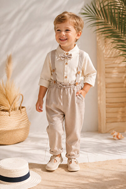 pufien Baby Summer Salopet Set with Bow Tie and Hat, Cream 1-4 Years