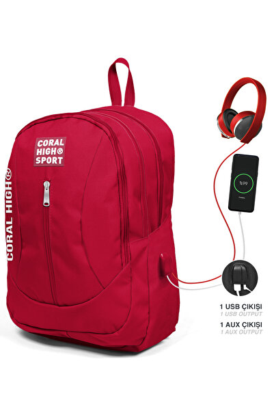 Coral High Sport Kırmızı Usb Şarjlı Kulaklık Çıkışlı Dört Bölmeli Sırt Çantas...