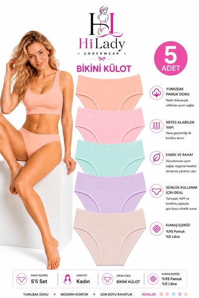 Hilady Kadın Külot 5'li Paket Soft Pamuklu Esnek Likralı Bikini Kalıp