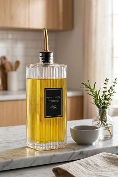 MAKRİ HOME Thery 850 ml Çizgili Cam Yağdanlık, Gold Akıtmaz Başlıklı, 7x7x26