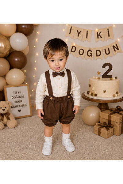 Kidsrainbow Erkek çocuk salopet + papyon doğum günü çekim organızasyon kombini
