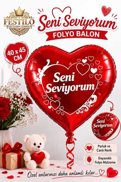 FESTİLO Folyo Kırmızı Kalp Balon Seni Seviyorum Baskılı 18 inc 40 cm Helyum G...