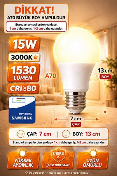Aryes 15W E27 LED Ampul 3000K Doğal Sarı Işık 1530 Lümen Güçlü Işık