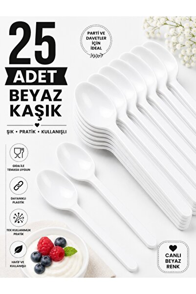 troykar 25 Adet Beyaz Renk LÜX SERT PLASTİK Kaşık (18 Cm) Parti Doğum Günü Su...