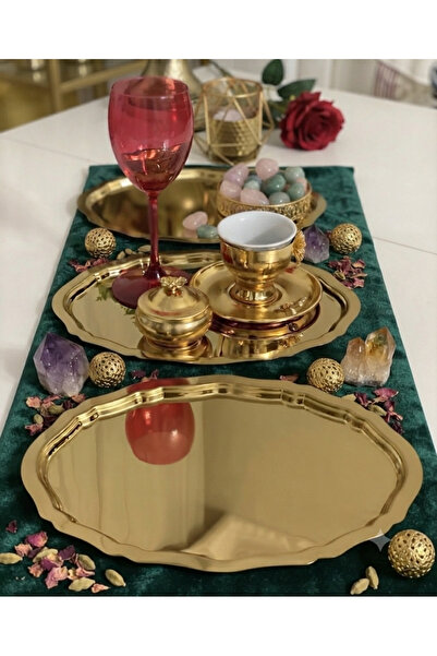 Elzemm store 20*25 CM PARLAK GOLD OVAL MODEL 3 ADET SERVİS VE SUNUM TEPSİSİ