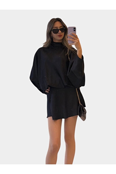 SHIN Butik SHIN Drapeli Saten Mini Elbise – Balıkçı Yaka, Oversize Şık Elbise