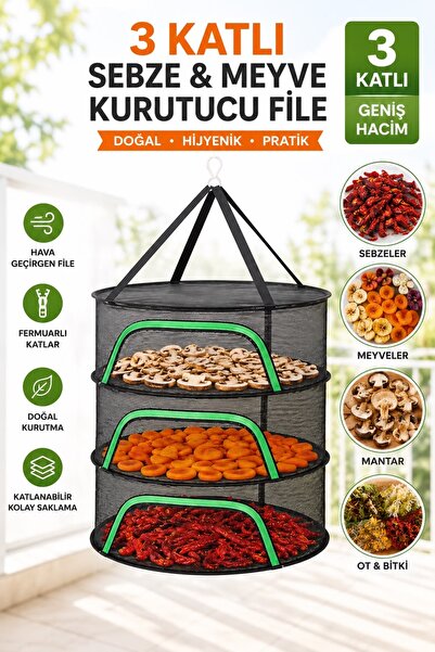 VENON 3 Katlı Sebze Kurutma Filesi Doğal Kurutma Sepeti || FERMUARLI || Katla...