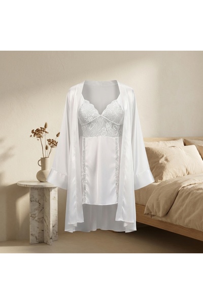Lady Lingerie Plus Size Satin Nightgown and Robe Set - Lace Trim Mini Dress w...