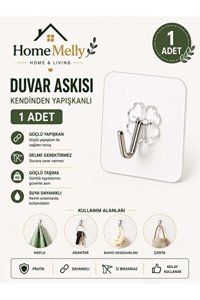btm home 1 Adet Kendinden Yapışkanlı Şeffaf Duvar Askısı – 6x6 cm Güçlü Kanca...