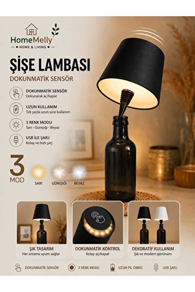 btm home Şarjlı Kablosuz Dokunmatik Şişe Başlıklı Lamba- 3 Farklı Renk Modu –...