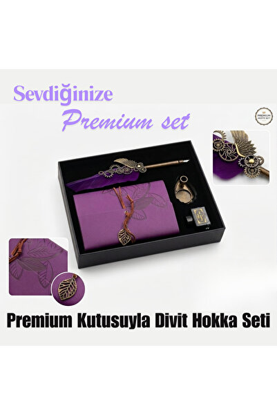 Generic Divit Hokka ve Tüy Kalem Defter Hediye Seti Mor
