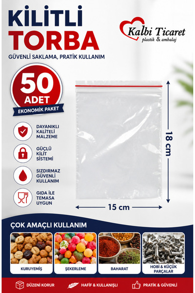 Kalbi Ticaret Kilitli Torba 15x18 Cm 50'li Kilitli Buzdolabı Poşeti Şeffaf Na...