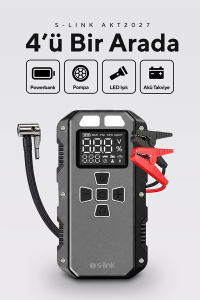 S-LINK AKT2027 Koyu Gri 8000mAh 150 Psi 4 in1 Powerbank+ LED Işık Lastik Sisi...