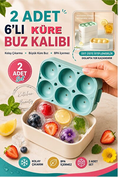 Kitchen Beauty 2 Adet Kapaklı Yuvarlak 6 Bölmeli Premium Buz Kalıbı Buzluk Ko...