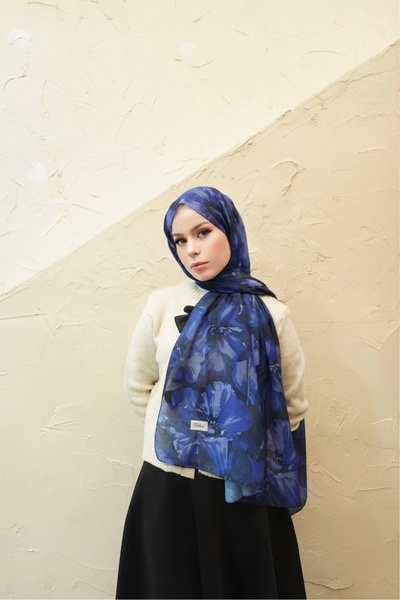 YILDIZ SCARFS شال قطني هندي بنمط موججان - أزرق داكن