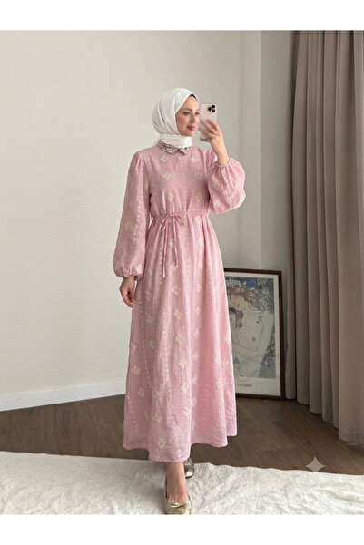 RFK Butik Kadın Bel Bağlamalı Nakış Detaylı Tensel Elbise - Pembe