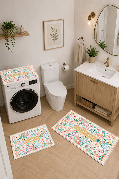 Modern 3 Parça Banyo Paspas Seti Kaymaz Tabanlı Makinede Yıkanabilir Banyo Halısı Takımı ve Çamaşır Makinesi Matı