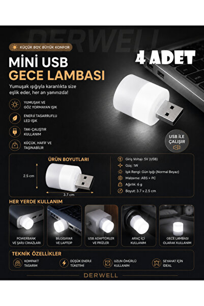 Derwell Taşınabilir Mini USB Led Gece Lambası Tak Çalıştır 1W Sıcak Beyaz Işı...
