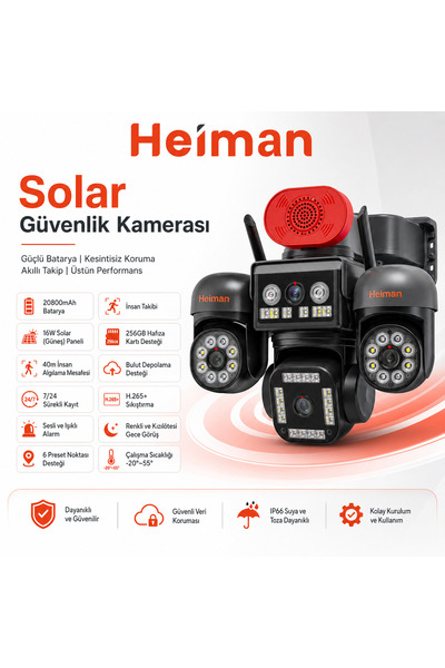 Heiman HM-892 4G Sim Kartlı 4 Kameralı 3 Telefondan Kontrol 12MP HD Kamera