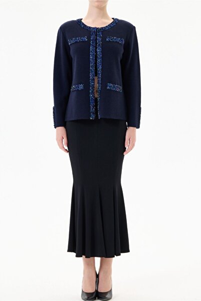 trikobis Special Design Wool Knitwear Cardigan with Stone and Sequin Embellis...