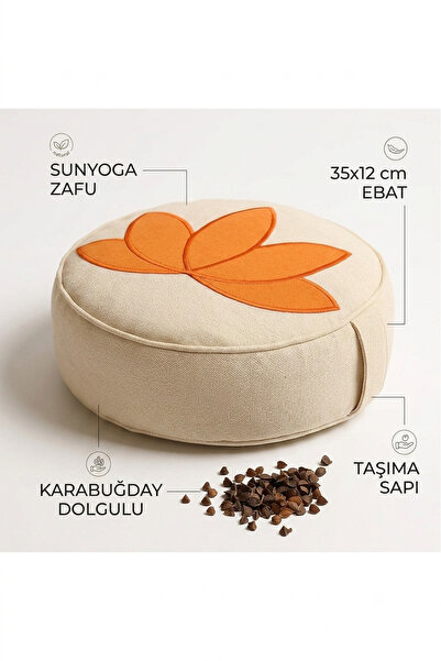 SUNYOGA Beige Orange Lotus Zafu Meditation Cushion with Buckwheat Filling