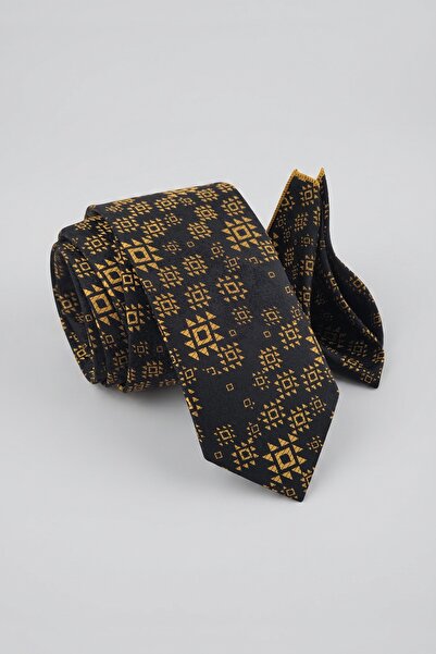 Milleniva Motif Desenli Siyah Gold Kravat & Mendil