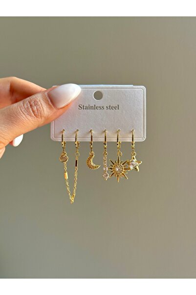 YOUES JEWELRY ÇELİK KADIN 6'LI KÜPE SETİ 14K RENK GOLD