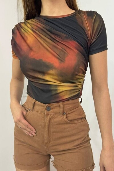 Modamorfo Bluza Sendy sa skupljenim dekolteom i ramenima, tie-dye print - cigla
