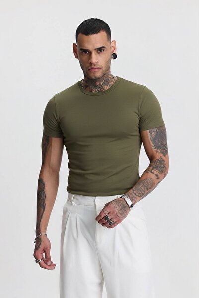 Buteks Haki Yeşil A Kalite Pamuklu Slimfit Dar Penye Likralı Body T-Shirt