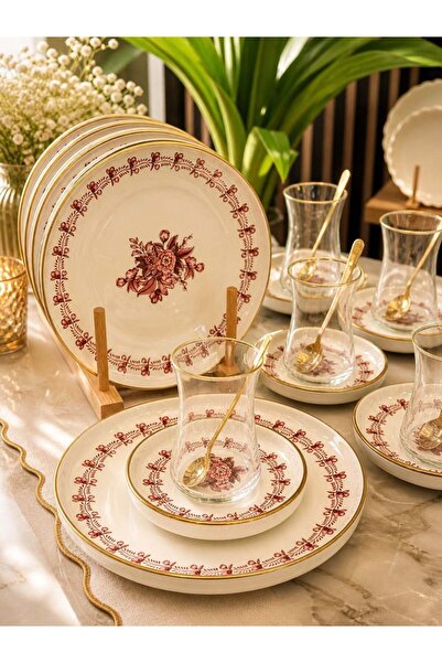 Onedekor 18 Parça Modern Regaria Pink Flower Pasta Çay Saati Seti