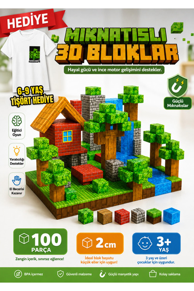 ABS Mine craft Eğlenceli Manyetik Küp Bloklar 100 Parça Creeper Baskılı 6-9 y...