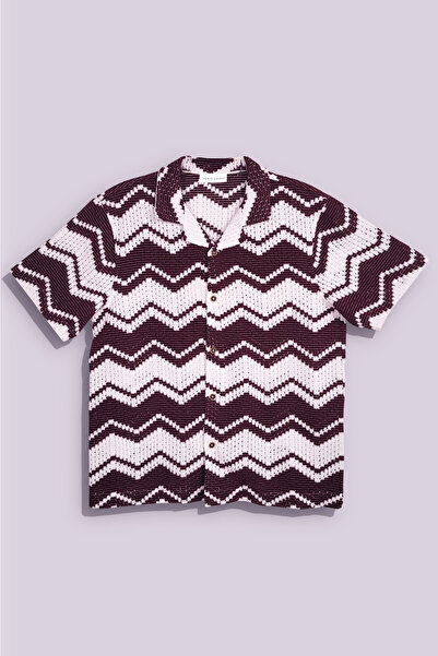 Sainte Savage Unisex Bordo Örgü Dokulu Zikzak Desenli Standart Kalıp Kısa Kol...