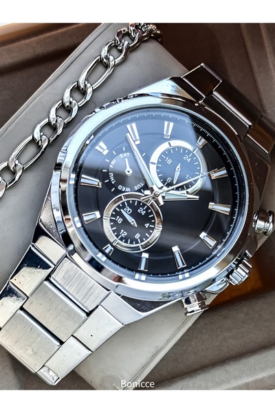 Bonicce Brand Metal Cord Silver Color Black Dial Men's Wrist Watch+ Rosary Br...