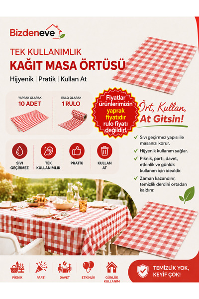 Regron Tek Kullanımlık Kağıt (1 ADET) Masa Örtüsü 100x120 cm Kırmızı Kareli D...