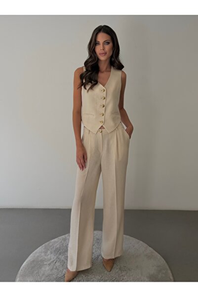 ossons Pera Linen Gold Buttoned 2-Piece Vest and Trousers Cream Set