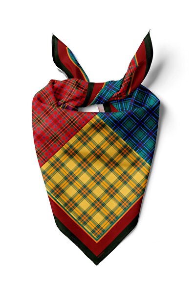Modabutik Violla G8 Kadın sarı kırmızı dörtlü ekose Desenli 50x50 Bandana DG0...