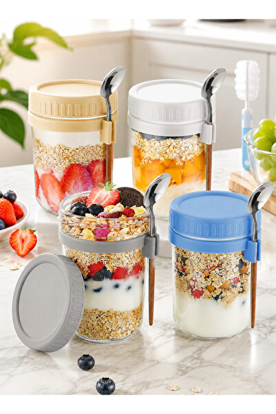 Generic 4 قطع من أوعية زجاجية سعة 16 أونصة مانعة للتسرب مع أغطية وملاعق للزبا...