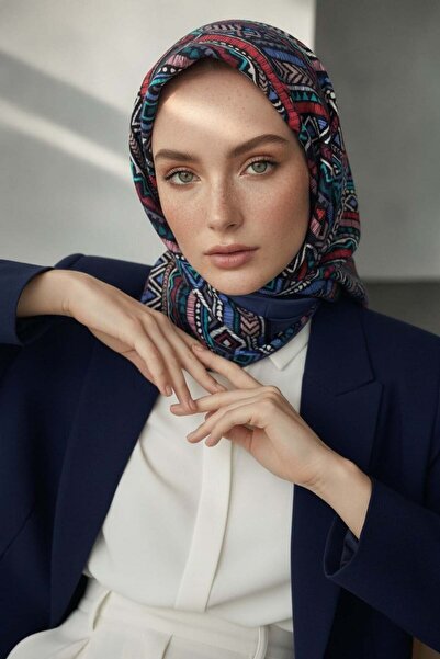 Vissona %100 Twill İpek Etnik Desenli İndigo - Bordo Renkli 90x90 Eşarp Dikim...