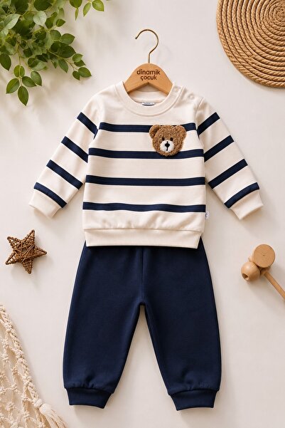 Striped Punch Teddy Bear Shoulder Snap Fastener Baby Set 2pcs Bottom Top Seasonal Monthly 3-6-9-12months