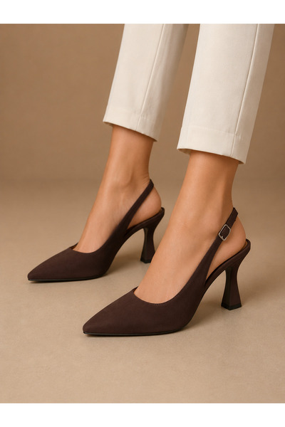 oliviashoes Women's Brown Suede Buckle-Strap Pointed Toe Stylish 9 cm Heels (Comfortable Sole with Extra Padding) Stiletto Shoes